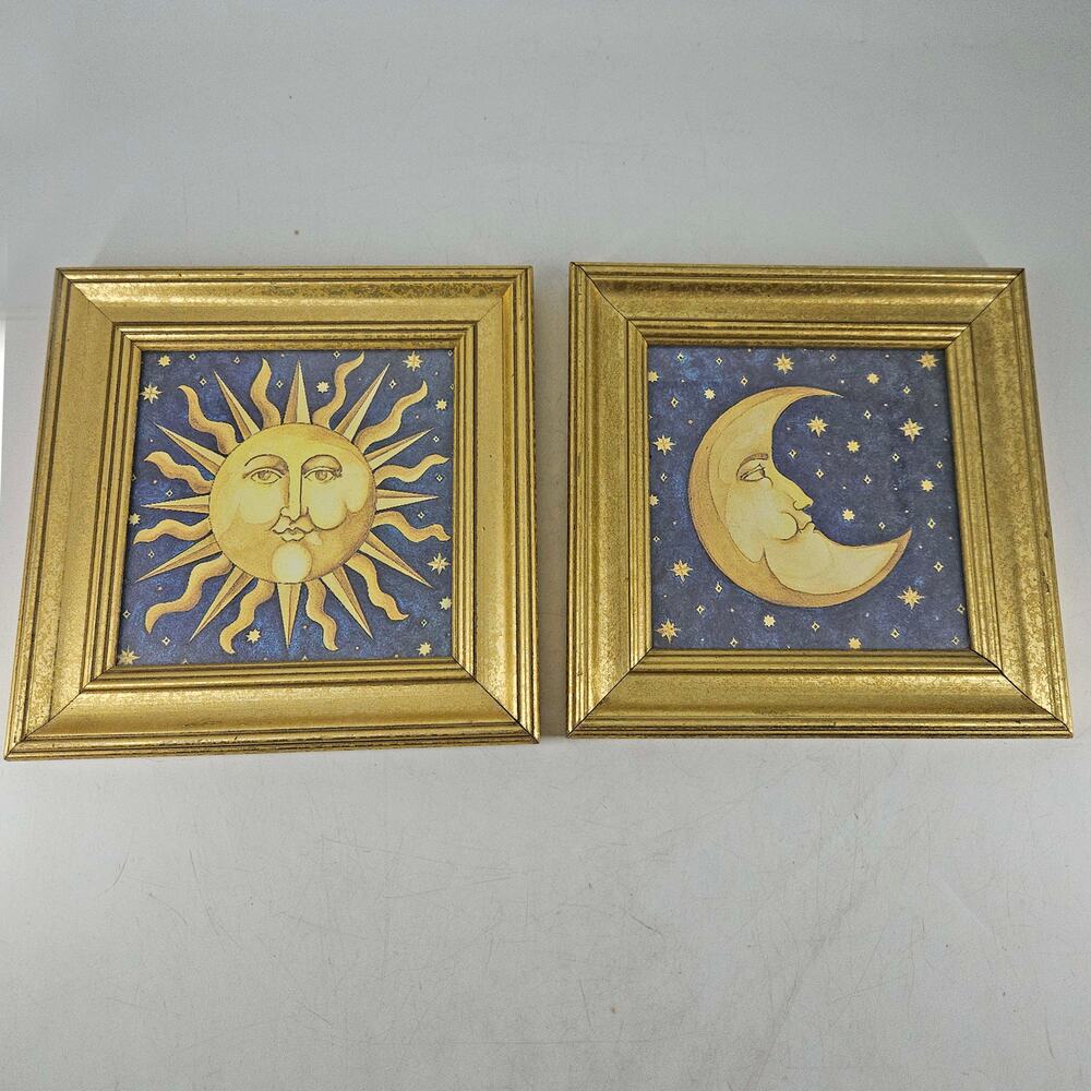 Set Of 2 Vintage Mary Beth Zeitz Celestial Moon & Sun Prints Gold Frame 1990’s